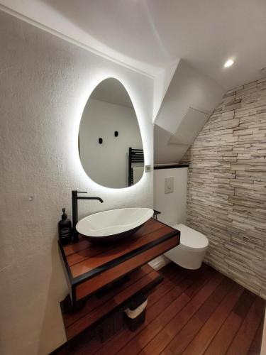 une salle de bain avec un lavabo et un miroir dans l'établissement Au Faubourg -Old City - Lake & Canal 1 min, à Annecy