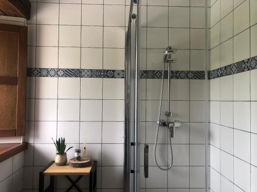 a shower stall in a bathroom with a table at El Molino de La Canal in Vega