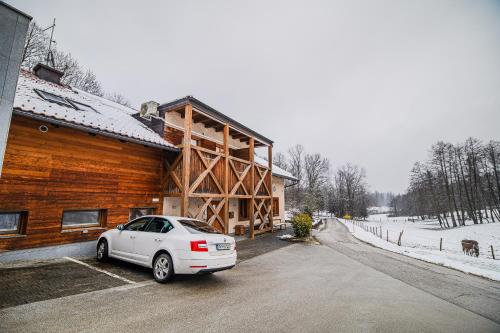 a white car parked in front of a house at Apartments Maleric with Indoor Pool and Wellness in Dragatuš