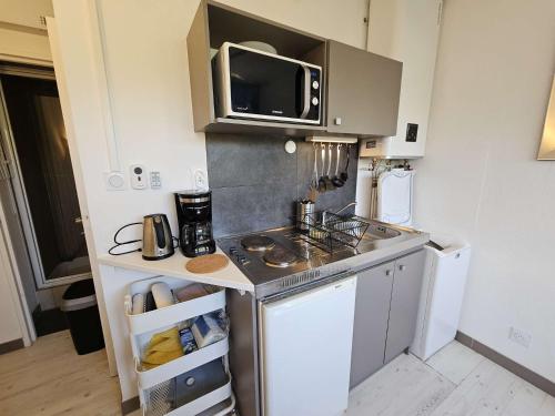 une petite cuisine avec un évier et un micro-ondes dans l'établissement Studio moderne au calme, piscine dans la résidence, lave linge, à Saint-Mandrier-sur-Mer