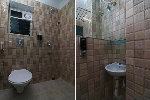コルカタにあるHotel O Silver Key Deshapriya Park Near Kalighat Kali Templeのバスルーム(トイレ、洗面台付)の写真2枚