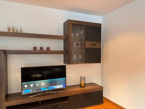 sala de estar con TV de pantalla plana y estanterías en Ferienwohnung Nardin, en Mellau
