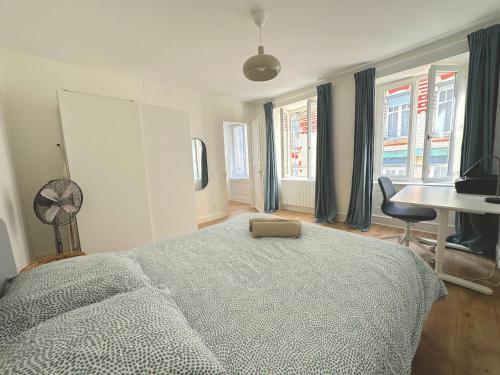 une chambre avec un lit, un bureau et des fenêtres dans l'établissement Bel appartement au cœur de Strasbourg, à Strasbourg
