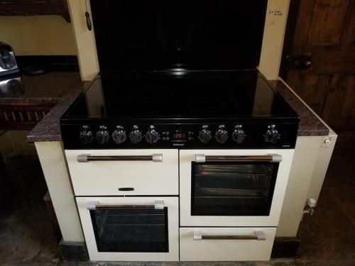 a kitchen with a stove with a black top at Entire Castle & Grounds for 18, Banquet Hall & BBQ in Trowbridge