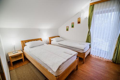 two twin beds in a room with a window at Apartments Maleric with Indoor Pool and Wellness in Dragatuš