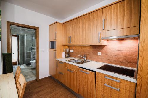 a kitchen with wooden cabinets and a sink at Apartments Maleric with Indoor Pool and Wellness in Dragatuš
