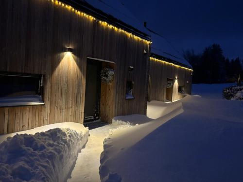 a building covered in snow at night with lights at 2domky in Horní Černá Studnice