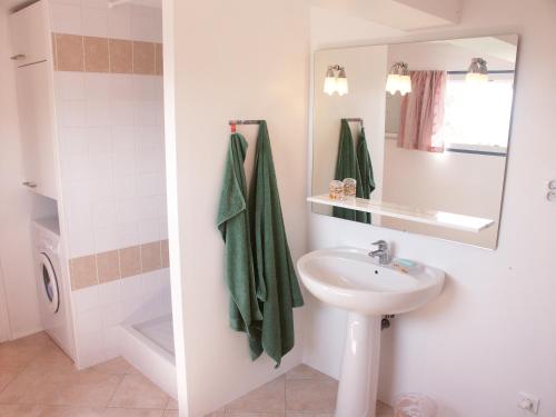 a bathroom with a sink and a mirror at Villa avec vue et piscine privée in Bendéjun