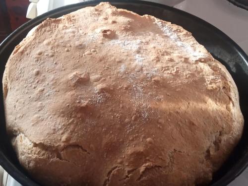 a large brown cake in a pan on a stove at Family owned self sufficient ECO farm TARA in Pljevlja