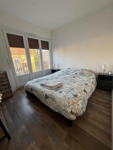 une chambre avec un lit et deux fenêtres dans l'établissement Le 77! Apartment type 2, à Châlons-en-Champagne