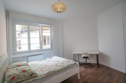 une chambre avec un lit, un bureau et une fenêtre dans l'établissement Grand appartement spacieux, à Strasbourg