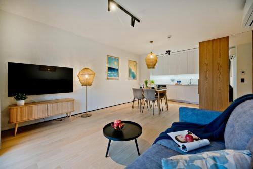 a living room with a blue couch and a tv at Apartamenty Wydma & Las BlueApart in Jastarnia