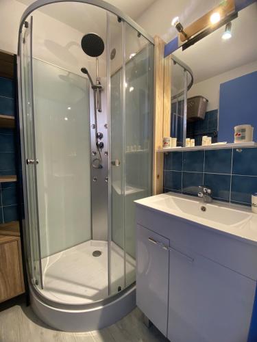 une salle de bain avec douche et lavabo dans l'établissement Le Barcarès pour 4 personnes L'Evasion Catalane, au Barcarès