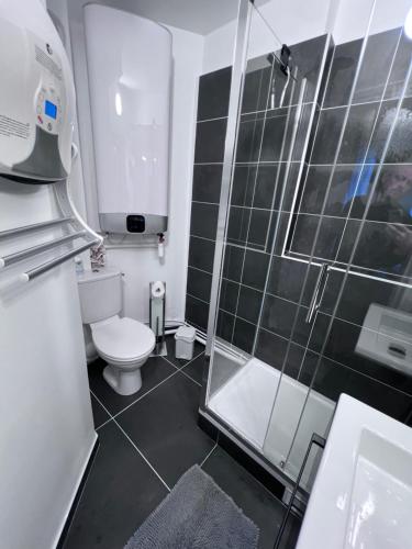 une petite salle de bain avec toilettes et douche dans l'établissement Apartment Duplex Paris, à Paris
