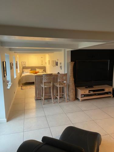 a living room with a television and a bed at Large cozy living room with bedroom, bathroom in Slagelse