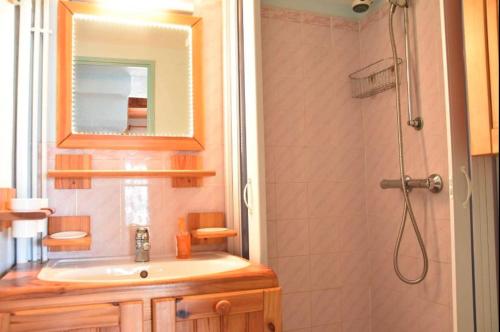 une salle de bain avec un lavabo et une douche avec un miroir dans l'établissement Maison Studio mezzanine - Gruissan Ayguades AY030-207, à Gruissan