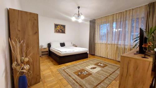 a living room with a bed and a window at The Home in Hunedoara