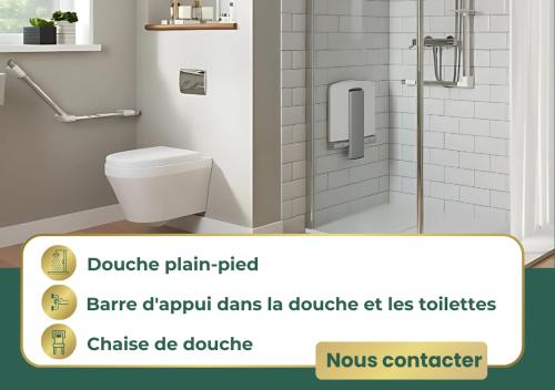 a bathroom with a toilet and a shower at La Villa Bleue, Luxe, Piscine et Spa in Capdenac