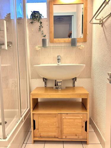 une salle de bain avec un lavabo et une douche dans l'établissement Chez Boby- Maison de vacances- Vue mer- Idéal Semaine du Golfe, à Locmariaquer