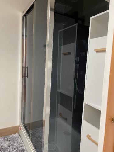 une douche avec une porte vitrée dans une salle de bain dans l'établissement Le Nid, à Bout dʼAmont