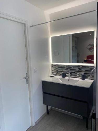 une salle de bain avec un lavabo et un miroir dans l'établissement Village Naturiste Villa luxe Port Nature 1, au Cap d'Agde