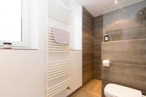a bathroom with a toilet and a shower at Skipperlodge - Versteck am Strom in Warnemünde