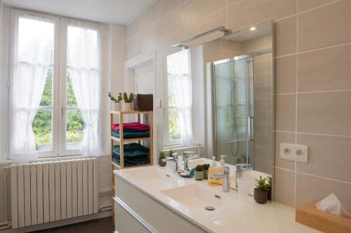 a bathroom with a sink and a mirror at Villa des glycines et Spa in Cempuis