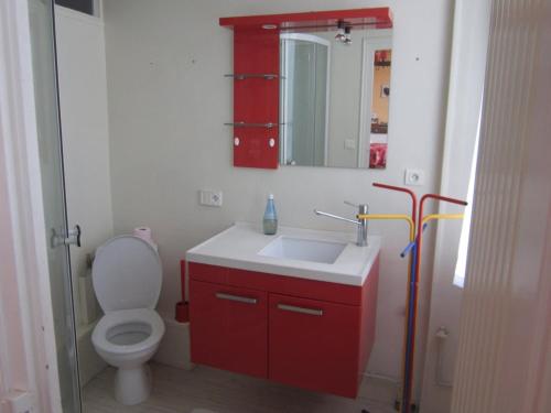 La salle de bains est pourvue d'un lavabo rouge et de toilettes. dans l'établissement apartment t2 cure thermale 200 m, à Bourbon-lʼArchambault