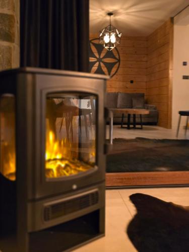 a fireplace in a living room with a fire at LK Mountain Residence segmenty z prywatnym jacuzzi i widokami na góry i jezioro in Falsztyn