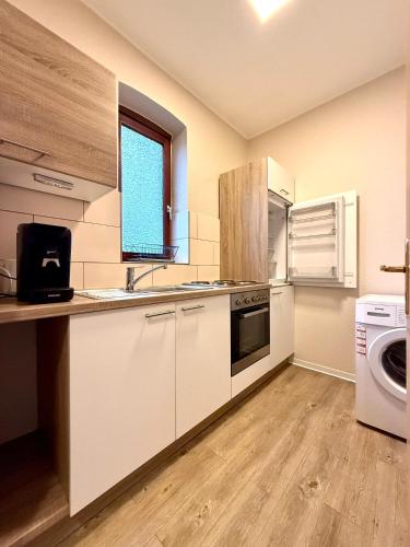 a kitchen with white cabinets and a washer and dryer at Stadtmitte im Zentrum von Itzehoe aber ruhig in Itzehoe