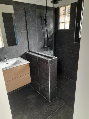 une salle de bain avec un lavabo et une douche dans l'établissement Olmeto Villa, à Olmeto