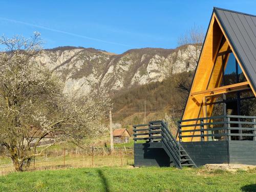 a building with a staircase next to a mountain at Sălciuella Dream Cabin in Sălciua de Jos