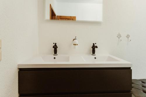 a bathroom with a white sink and a mirror at Gutshof zu Quedlinburg in Quedlinburg