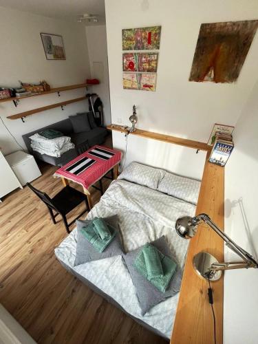 Un dormitorio con una cama y un escritorio. en Mini-apartment z pięknym widokiem na Tatry, en Murzasichle