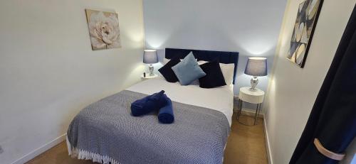 a small bedroom with a bed with blue pillows at Rhubarb Retreat - Stylish House, Sleeps 5, 10 mins to Durham City & Parking & Garden in Gilesgate
