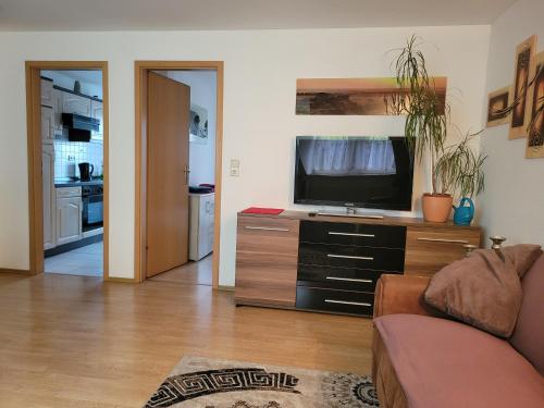 a living room with a flat screen tv on a dresser at FeWo Köt- 3 Ferienwohnungen im historischen Köthener Stadtkern in Köthen