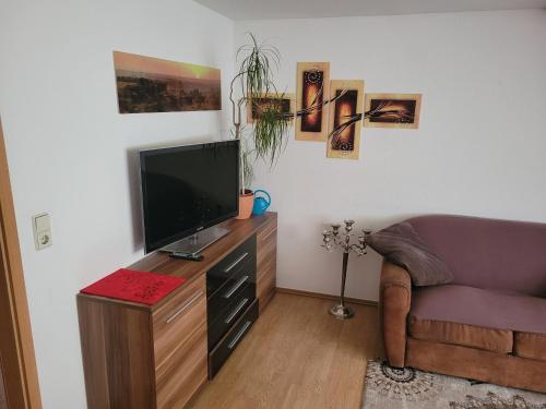 a living room with a couch and a flat screen tv at FeWo Köt- 3 Ferienwohnungen im historischen Köthener Stadtkern in Köthen