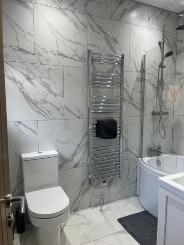 a bathroom with a toilet and a sink and a tub at Mill House The Lodge in Upwell