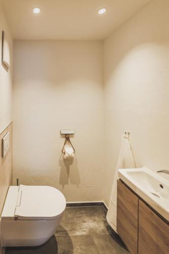 a bathroom with a white toilet and a sink at Ur-Genuss in Heiterwang