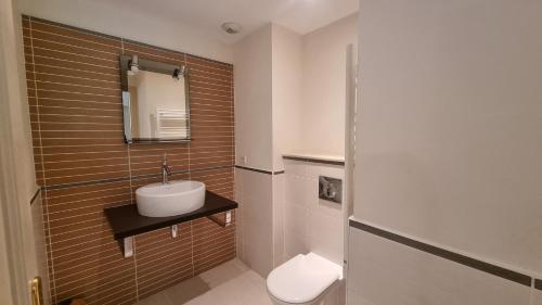 une salle de bain avec un lavabo et des toilettes dans l'établissement Elégant 3 pièces au Port de la Figueirette, à Théoule-sur-Mer