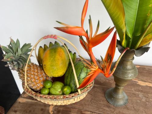 a basket of fruit on a table with a plant at RKO Villa27 - Unawatuna in Habaraduwa