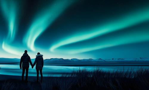 a couple standing under the aurora borealis at Black Sand Hotel in Ölfus