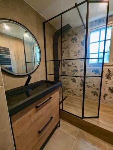 La salle de bains est pourvue d'une douche avec un miroir et un lavabo. dans l'établissement Superbe Appartement neuf Vue mer, à Saint-Mandrier-sur-Mer
