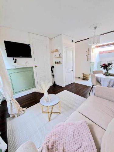 un salon avec un canapé et une table dans l'établissement Chez Denise Studio Cosy Lyon, à Lyon