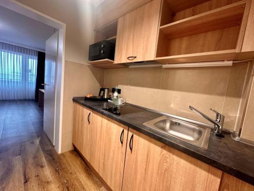 a kitchen with a sink and wooden cabinets at Apartment-Hotel Hamburg Mitte in Hamburg