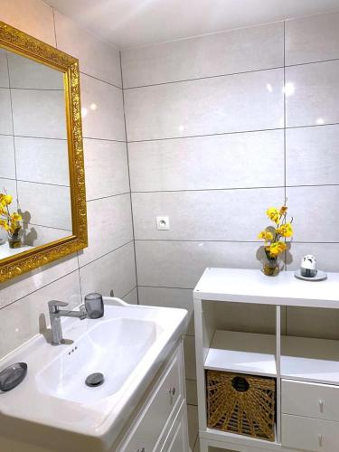 une salle de bain blanche avec un lavabo et un miroir dans l'établissement Gite de launet, à Hargnies