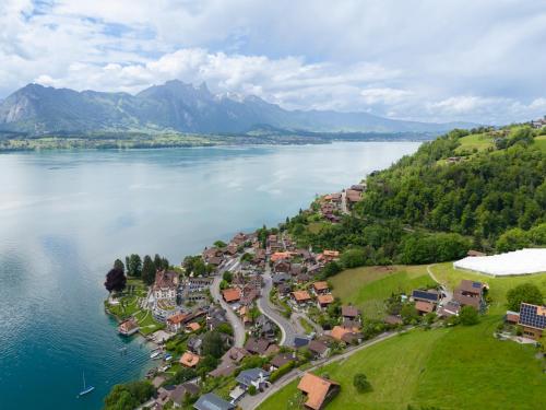 an aerial view of a town next to a body of water at Juwel mit Traumsicht auf See und Berge! in Gunten