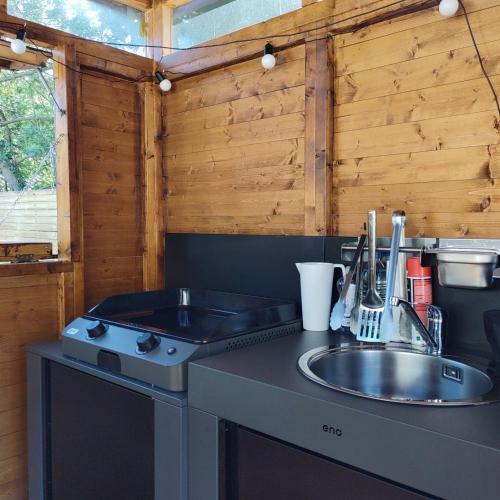 une cuisine avec un évier et une cuisinière dans l'établissement Maison Peonia, à La Teste-de-Buch