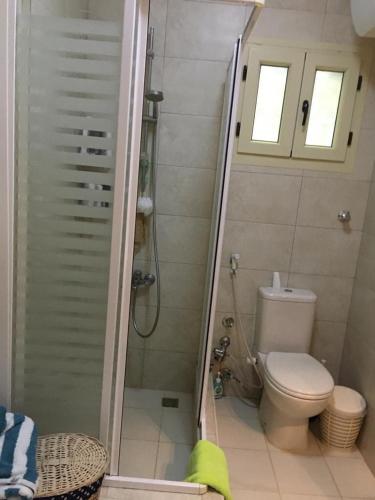 a bathroom with a shower and a toilet at Guesthouse Near HBE Airport Pool in Borg El Arab