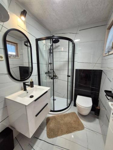a bathroom with a shower and a sink and a toilet at Apartments Buktenica in Bol